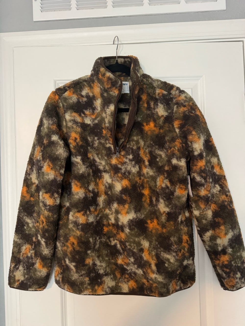 NWT Old Navy Brown Camouflage Print Sherpa Quarter Zip Pullover XS Pockets